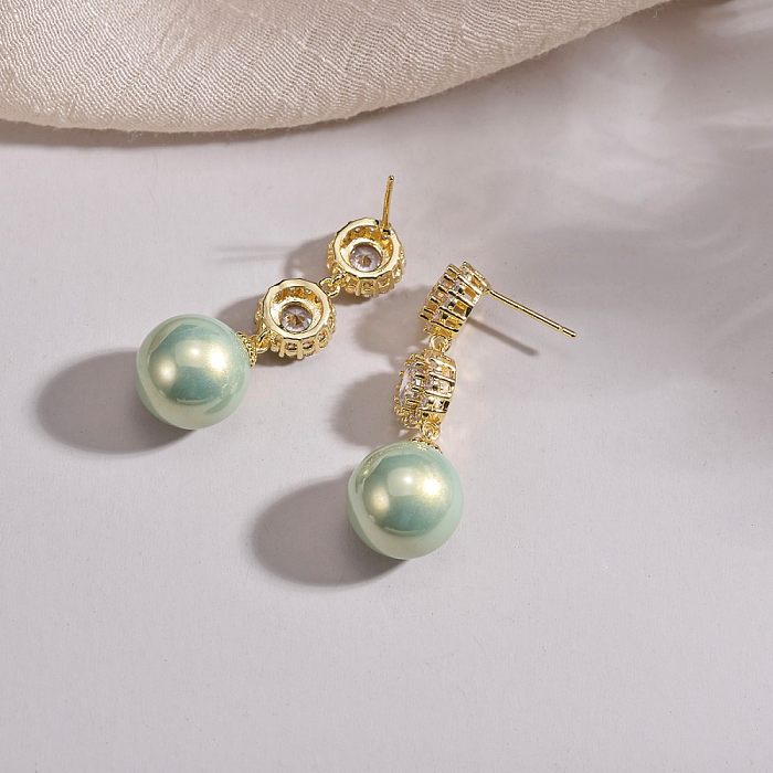 1 Pair Elegant Lady Sweet Geometric Inlay Imitation Pearl Copper Zircon Drop Earrings