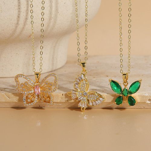 Elegant Classic Style Butterfly Copper 14K Gold Plated Zircon Necklace In Bulk
