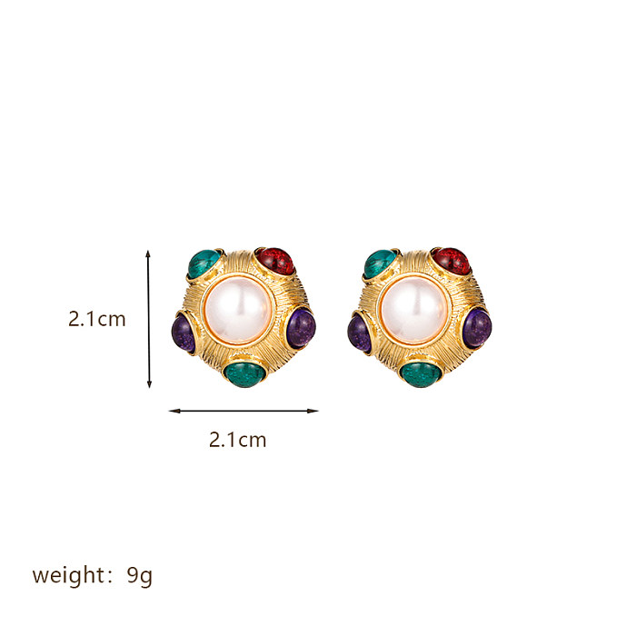 1 Paar Ohrstecker im Retro-Stil, oval, mit Seestern-Beschichtung, Kupfer-Imitat-Perlen-Strasssteinen, 18 Karat vergoldet