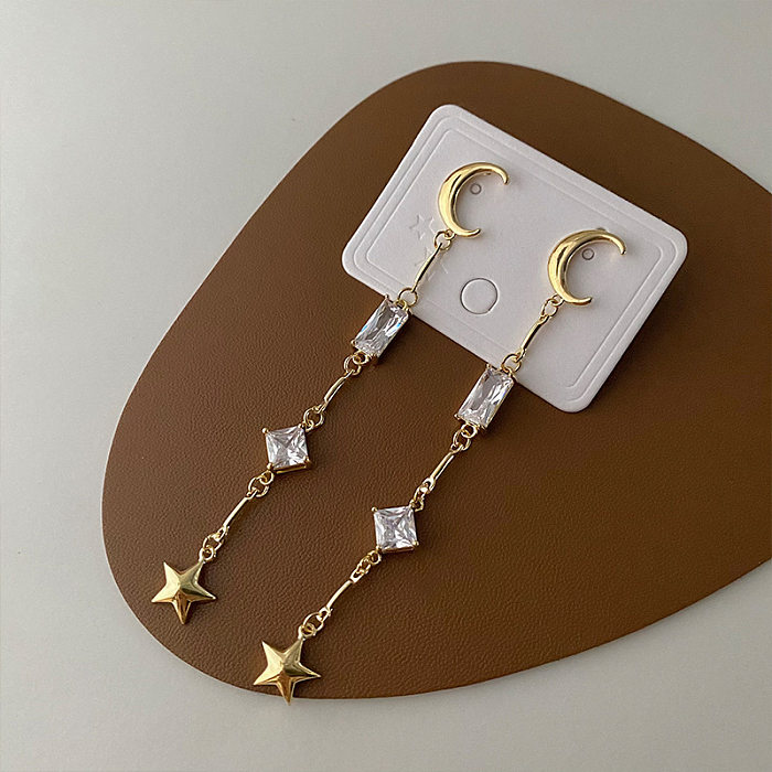 1 Pair Simple Style Star Moon Tassel Plating Inlay Copper Zircon Drop Earrings