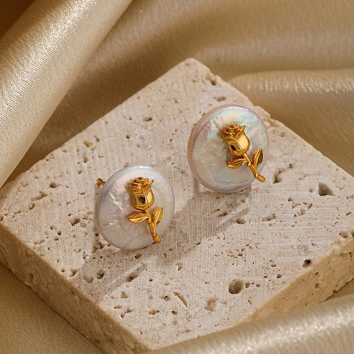 1 par de pendientes colgantes chapados en oro de 18K con incrustaciones de Metal y cobre, Perla de agua dulce, ágata, Flor Retro