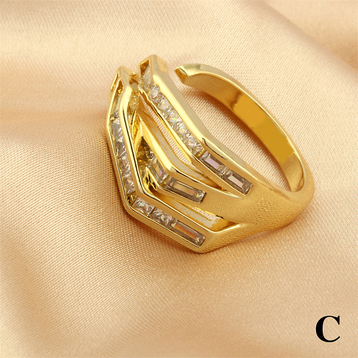 Hip-Hop Simple Style Lines Copper Plating Inlay Zircon 18K Gold Plated Open Rings