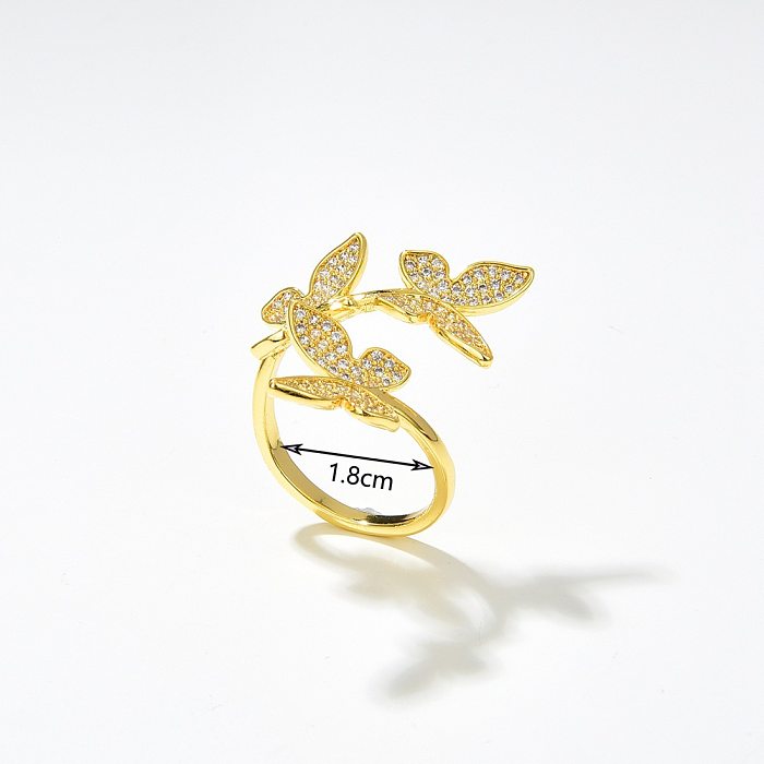 Moda simples chapeamento de cobre 18K anel de zircão aberto em forma de borboleta dourada