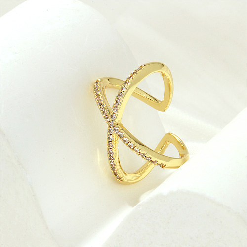 Simple Style Lines Copper Plating Inlay Zircon 18K Gold Plated Open Rings