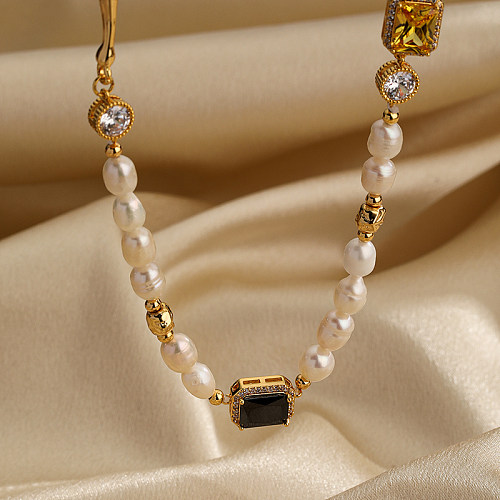 Retro Rectangle Copper Pearl Plating Inlay Zircon 18K Gold Plated Necklace