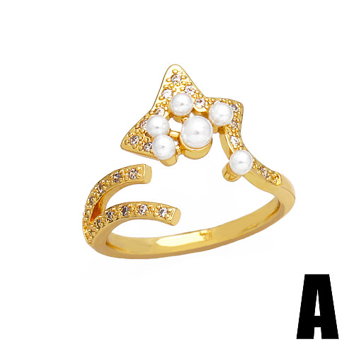 Retro Simple Style Pentagram Cross Copper Plating Inlay Artificial Pearls Zircon 18K Gold Plated Open Rings