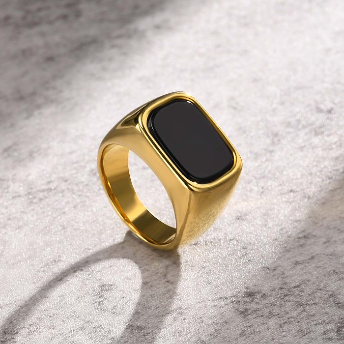 Retro Square Stainless Steel Plating Inlay Agate 18K Gold Plated Rings
