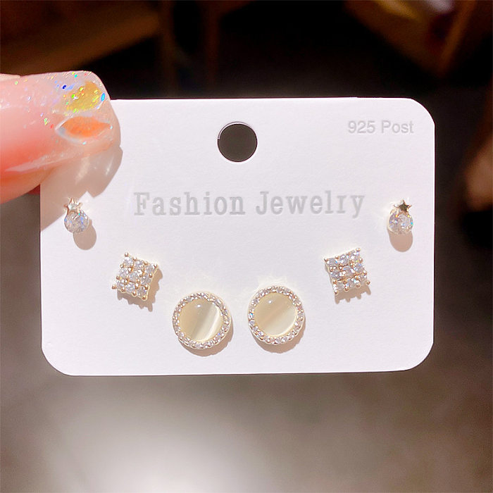 Sweet Round Butterfly Snowflake Copper Plating Inlay Zircon Ear Studs 1 Set