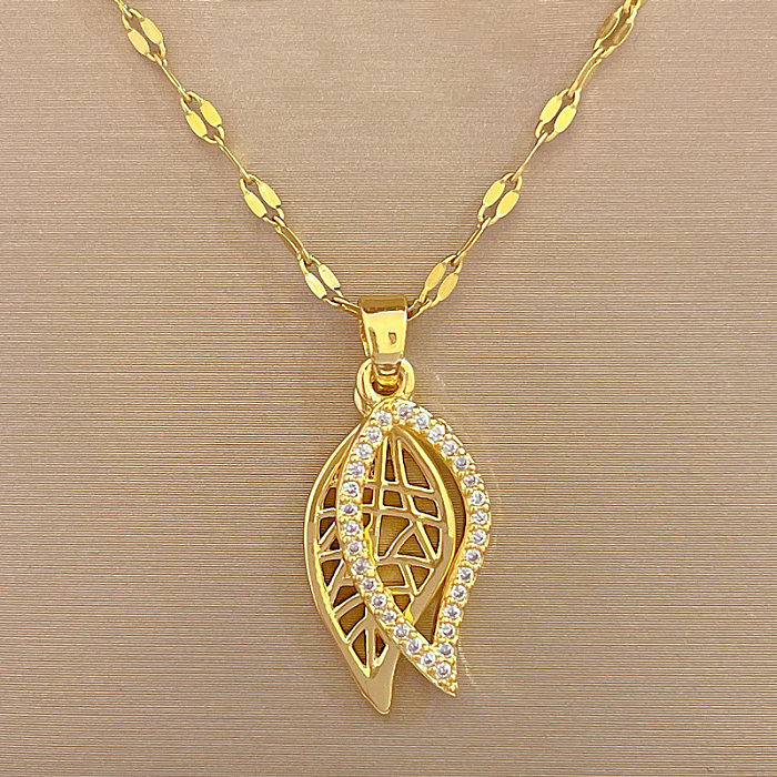 Elegant Leaf Titanium Steel Copper Inlay Zircon Pendant Necklace