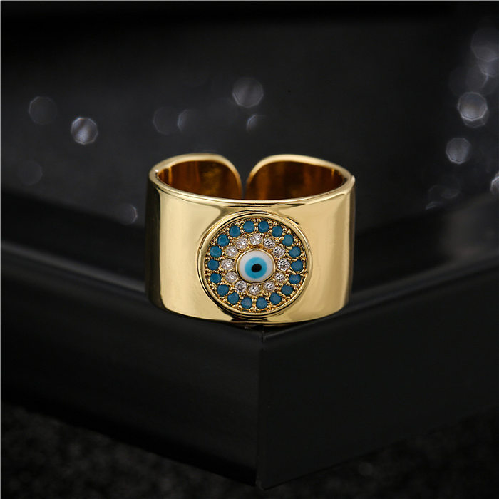 Aogu Cross-Border New 18K Gold Plated Copper Micro-Inlaid Ornament 11mm Wide Open Devil Eye Ring For Women