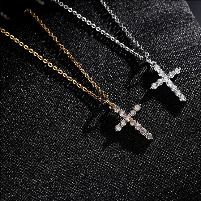 Simple Cross Pendant Preserving Electroplated Copper Micro-inlaid Zircon Necklace