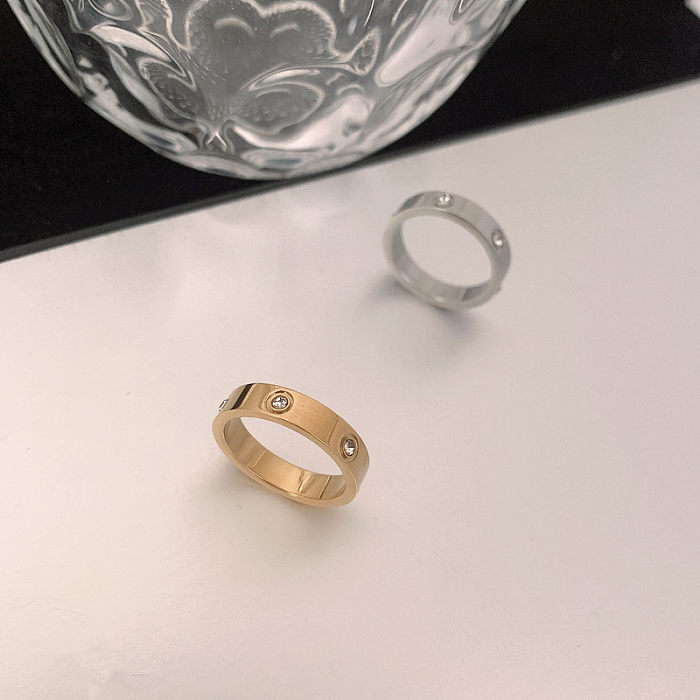 Fashion Round Titanium Steel Polishing Inlay Artificial Diamond Rings 1 Piece