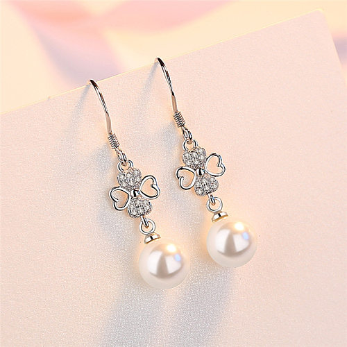 1 Pair IG Style Simple Style Four Leaf Clover Heart Shape Plating Hollow Out Inlay Copper Pearl Zircon White Gold Plated Drop Earrings