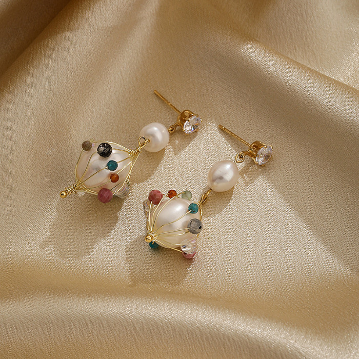 1 Pair Retro Round Pearl Plating Inlay Copper Zircon 14K Gold Plated Drop Earrings
