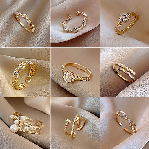 Modischer offener Ring mit geometrischem Kupfer-Inlay, künstlichen Perlen und Zirkon, 1 Stück