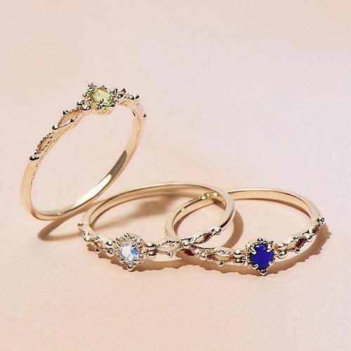 Simple Style U Shape Copper Plating Inlay Artificial Gemstones 18K Gold Plated Rings