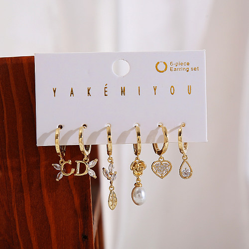 Boucles d'oreilles pendantes en forme de cœur, Style Simple, incrustation de cuivre, perles artificielles, Zircon plaqué or 14 carats