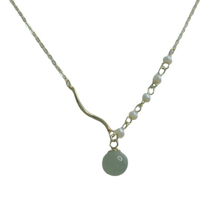 Collier pendentif rond en cuivre avec incrustation de perles artificielles en Jade, Style rétro Simple