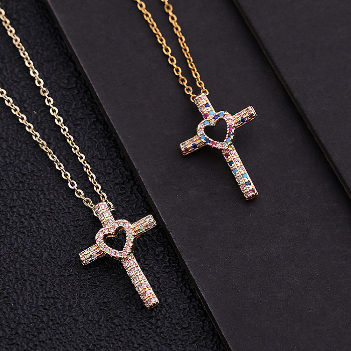 Cooler Stil, glänzendes Kreuz, Herzform, Kupferbeschichtung, aushöhlen, Inlay, Zirkon-Anhänger-Halskette
