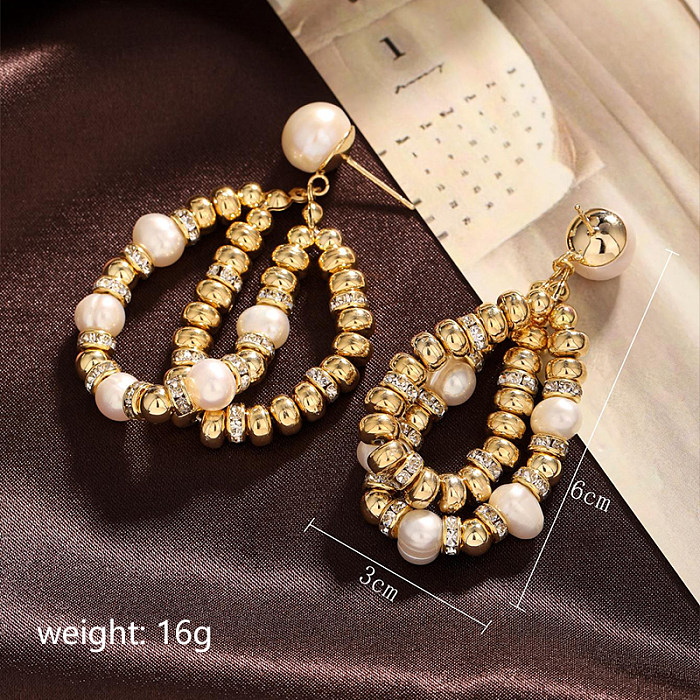 1 Paar Retro Pendel-Ohrringe mit unregelmäßigen Wassertropfen, Inlay, Kupfer, Perle, Zirkon, 18 Karat vergoldet