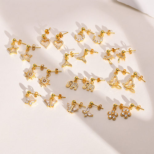 1 Paar schlichte Ohrringe mit Blumen- und Schmetterlingsüberzug aus Edelstahl, Kupfer, Zirkon, vergoldet