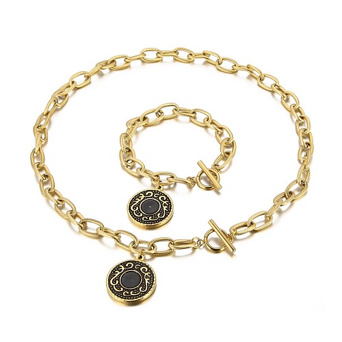 Europeu e americano de aço inoxidável ouro redondo colar pulseira design moda ot fivela clavícula conjunto corrente