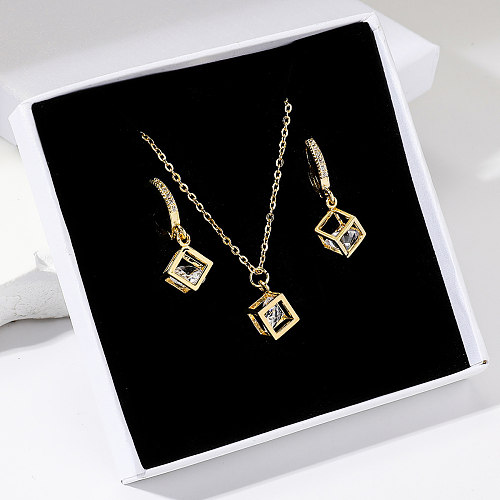 مجموعة مجوهرات IG Style Simple Style على شكل مكعب روبيك مصنوعة من الفولاذ المقاوم للصدأ ومرصعة بالزركون ومطلية بالذهب