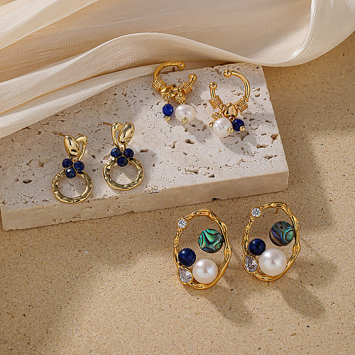 1 Paar elegante, schlichte Ohrringe im römischen Stil mit geometrischer Beschichtung, Kupferkristall, Süßwasserperle, Zirkon, 18 Karat vergoldet