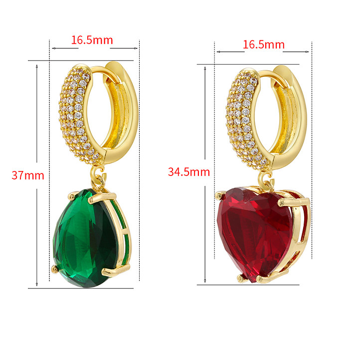 1 paire de boucles d'oreilles pendantes en forme de cœur, Style Simple et élégant, incrustation de cuivre et de Zircon plaqué or 18 carats