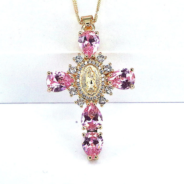 Ethnic Style Cross Copper Gold Plated Inlay Zircon Pendant Necklace 1 Piece