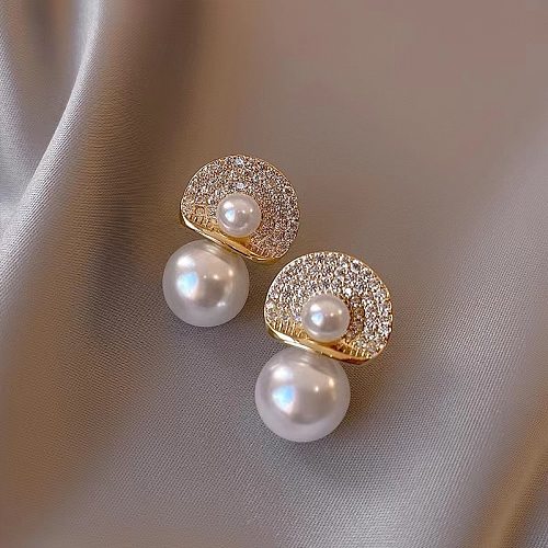 1 paire de clous d'oreilles en perles et strass en cuivre, Style Simple, incrustation ronde