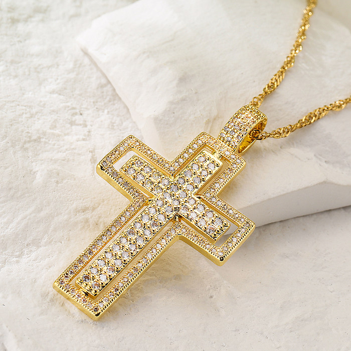New Style Copper 18K Gold Plating Zircon Pearl Cross Pendant Necklace