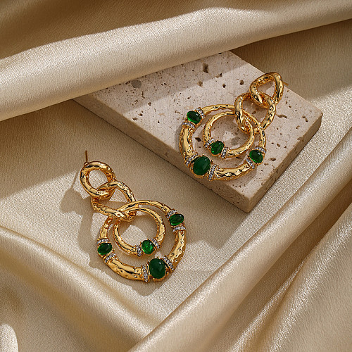 1 paire de boucles d'oreilles pendantes plaquées or 18 carats, incrustation ronde brillante exagérée en cuivre, Jade et Zircon