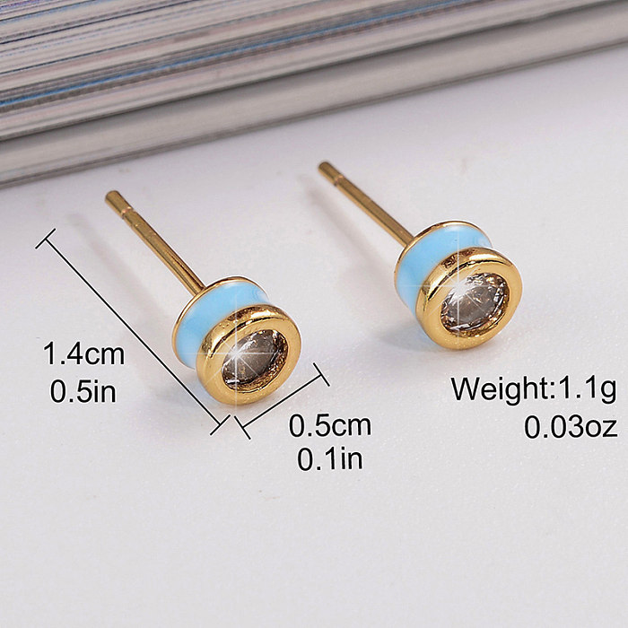 1 Pair Simple Style Commute Round Enamel Plating Inlay Copper Zircon 18K Gold Plated Ear Studs
