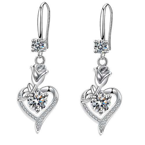 1 paire de boucles d'oreilles romantiques en forme de cœur, incrustation de cuivre Rose et Zircon