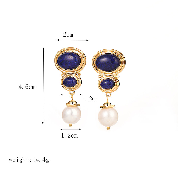 1 Pair Classic Style British Style Oval Pearl Plating Inlay Copper Lapis Lazuli Gem 18K Gold Plated Drop Earrings