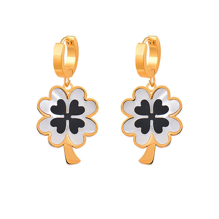 Fashion Four Leaf Clover Titanium Steel Plating Inlay Shell Earrings Necklace