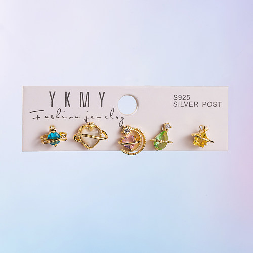 IG Style Yakemiyou Star Moon Heart Shape Copper Asymmetrical Zircon 14K Gold Plated Ear Studs