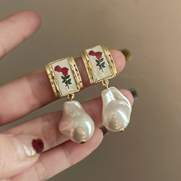 Boucles d'oreilles rétro avec nœud papillon plaqué cuivre, perles artificielles, 1 paire