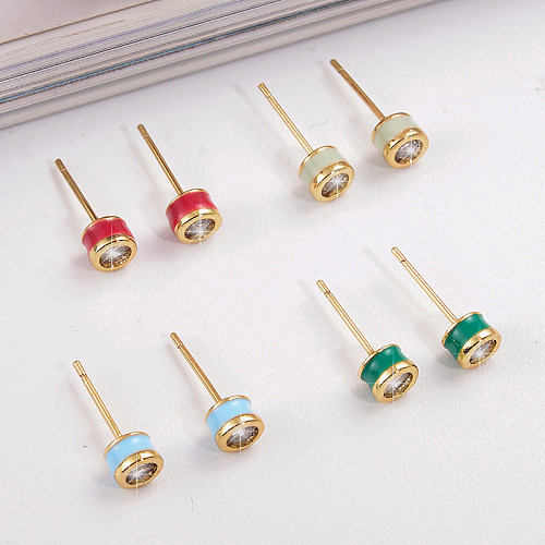 1 Pair Simple Style Commute Round Enamel Plating Inlay Copper Zircon 18K Gold Plated Ear Studs