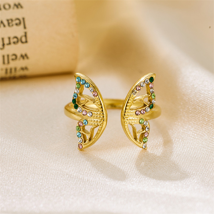 Anillos abiertos de diamantes de imitación con incrustaciones de acero inoxidable de mariposa dulce