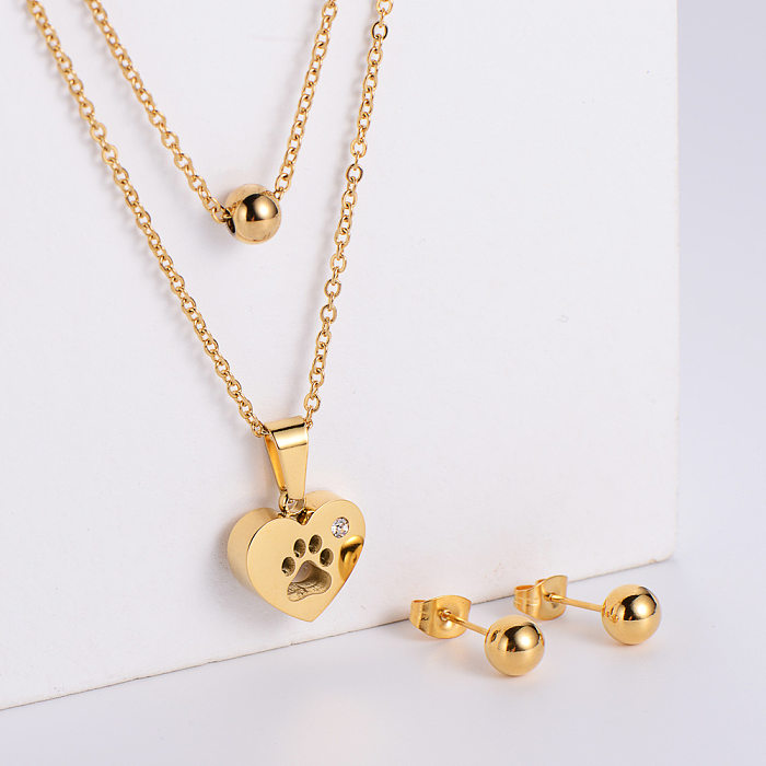 Round Bead Earrings Heart Shape Dog Footprint Pendant Necklace Three-piece Wholesale jewelry