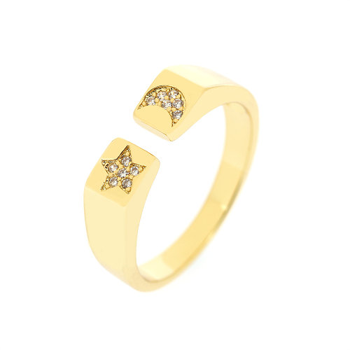 Einfacher, offener Ring mit Stern-Mond-Kupfer-Inlay und Zirkon-18-Karat-Vergoldung