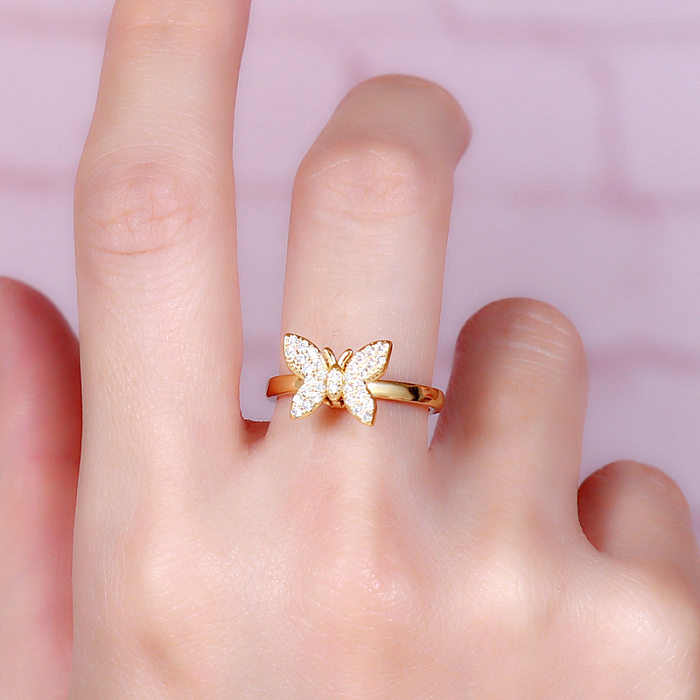 Retro Butterfly Brass Plating Inlay Zircon 24K Gold Plated Rings