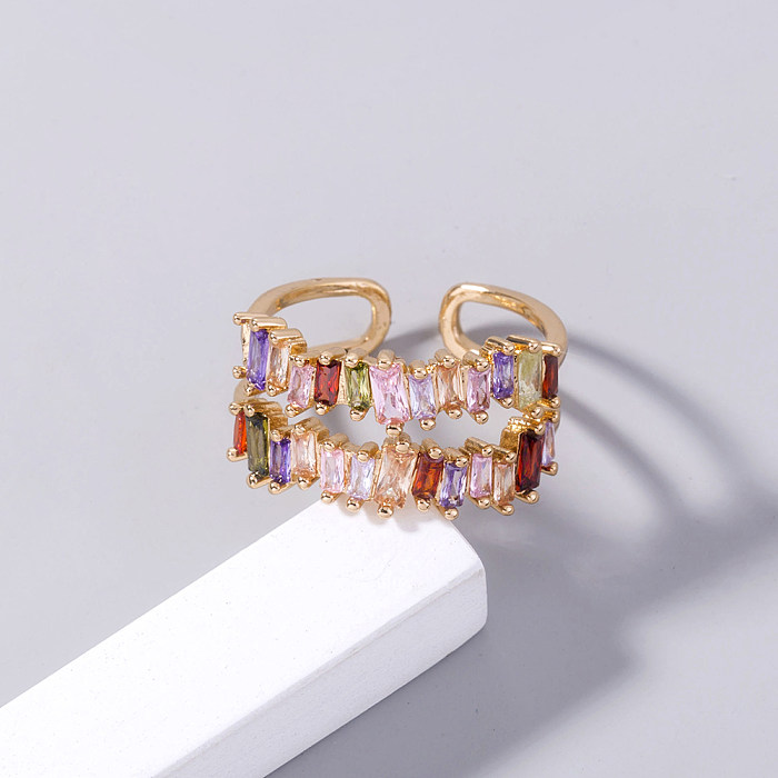 Fashion Irregular Square Double Row Color Zircon Opening Copper Ring
