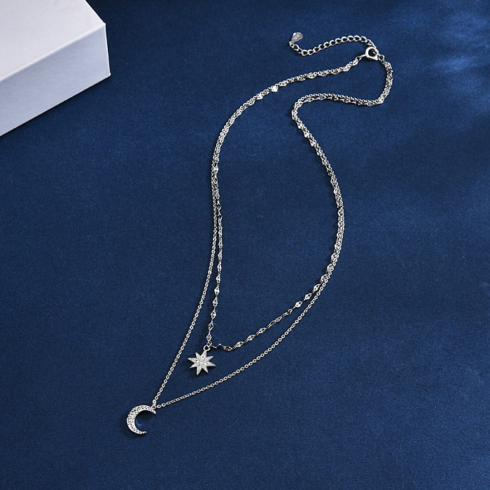Damen-Halsketten im koreanischen Stil mit Stern- und Mond-Kupfer-Inlay, Zirkon, Weißgold vergoldet, mehrschichtige Halsketten