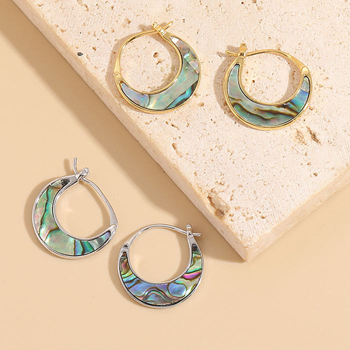 1 Pair Elegant Color Block Moon Plating Inlay Copper Shell 14K Gold Plated Hoop Earrings