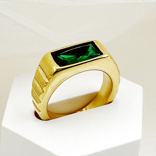 Vintage Style Modern Style Rectangle Stainless Steel Metal Polishing Plating Inlay Zircon Gold Plated Rings