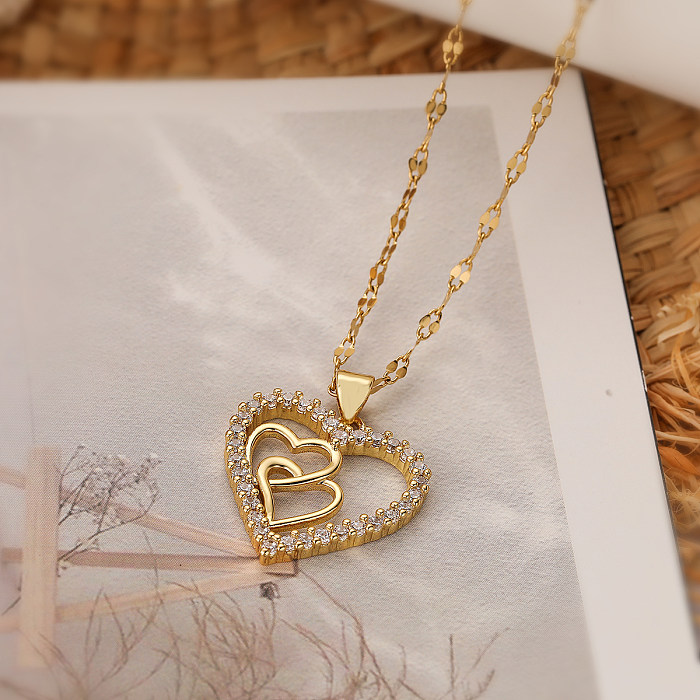 Elegant Streetwear Heart Shape Copper Plating Inlay Zircon 18K Gold Plated Pendant Necklace