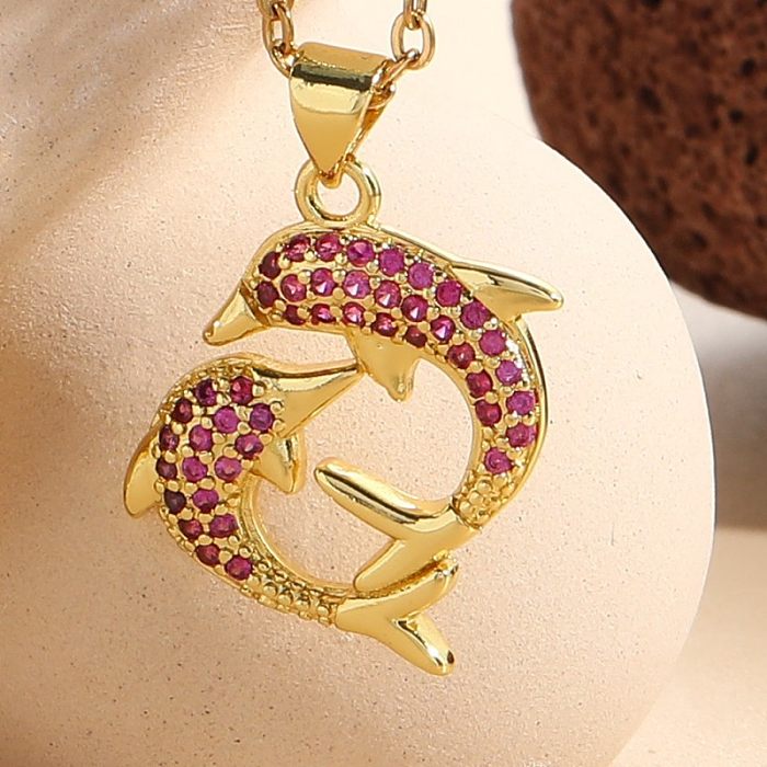 INS Style Streetwear Dolphin Copper Irregular Plating Inlay Zircon 14K Gold Plated Pendant Necklace